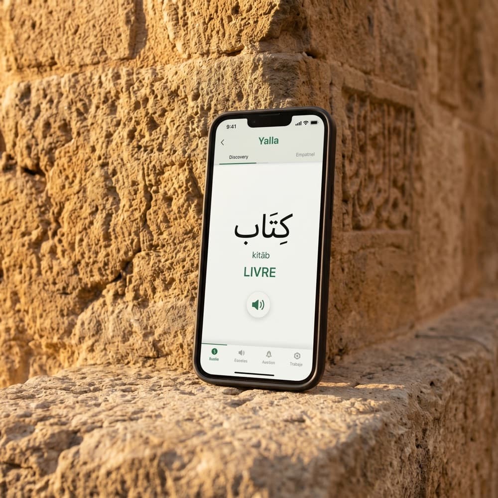L'app YALLA! montrant le mot 'kitab' (livre) avec audio natif