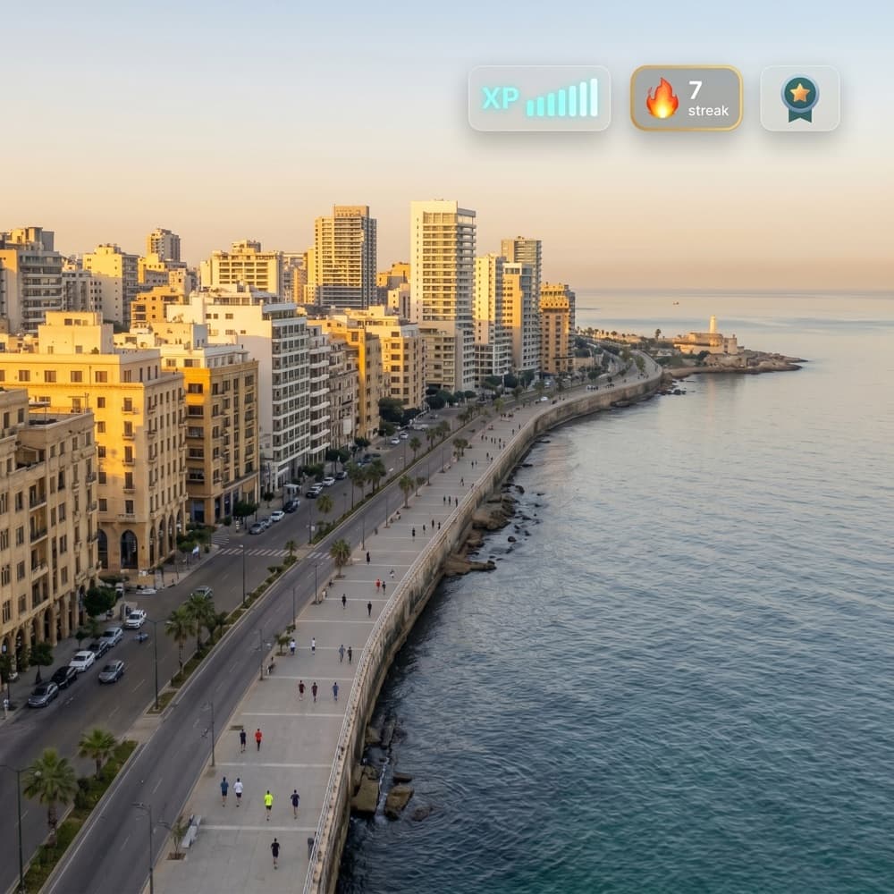Corniche de Beyrouth avec badges XP, streak et succès YALLA!